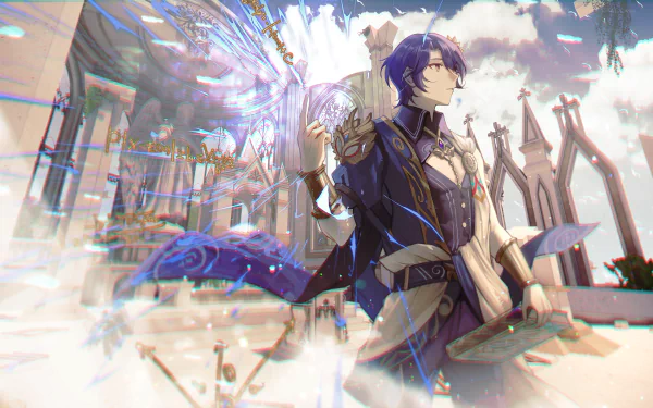 HD PC desktop wallpaper featuring Dr. Ratio from Honkai: Star Rail, set against a bright, detailed architectural background with dynamic light effects.