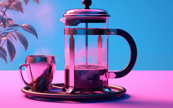 HD vaporwave aesthetic desktop wallpaper featuring a French press coffee maker and cup with steam on a dual-tone pink and blue background.