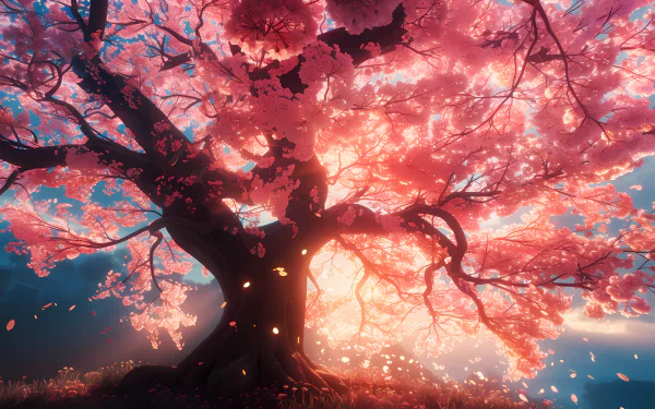 HD wallpaper featuring a vibrant sakura tree with blossoming pink flowers under a warm, glowing light.