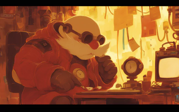 A vibrant HD desktop wallpaper featuring Dr. Robotnik, portrayed thoughtfully in a cluttered lab setting, enjoying a meal amidst his inventive surroundings.