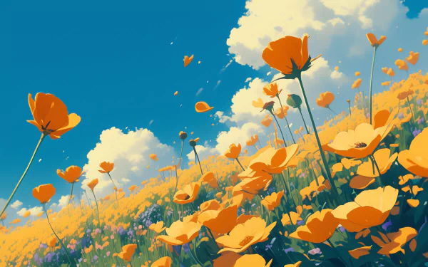 California poppies in bloom under a clear blue sky with fluffy clouds, HD nature desktop wallpaper.