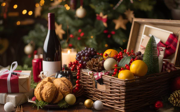 Festive holiday gift basket with wine, fruits, and Christmas decorations as a desktop wallpaper and background.