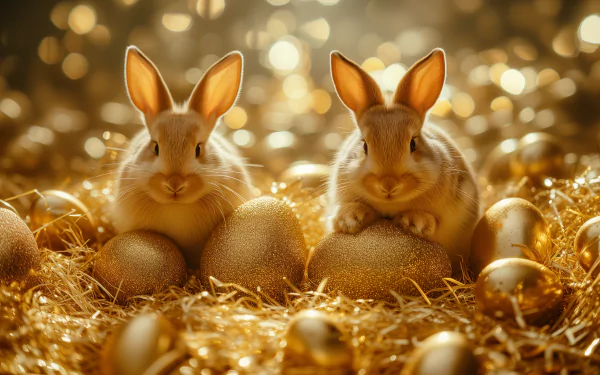 A charming HD wallpaper featuring two bunnies beside golden Easter eggs, set against a background of shimmering golden highlights and straw.
