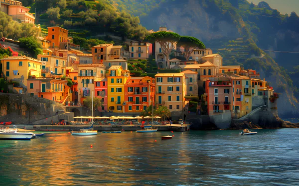 HD wallpaper of picturesque Italian coastal village with colorful houses and boats