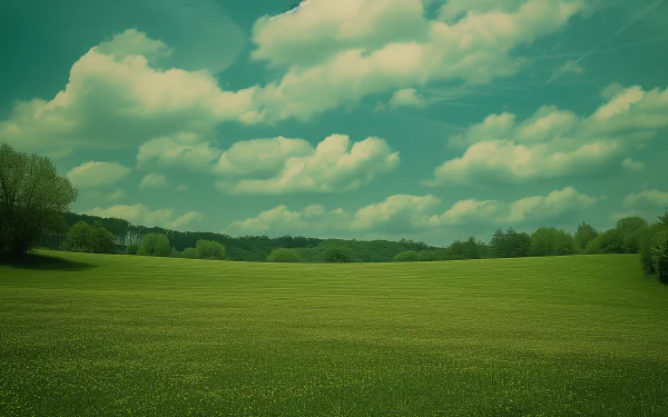 HD Wallpaper of Serene Green Landscape with Fluffy Clouds - Aesthetic Desktop Background
