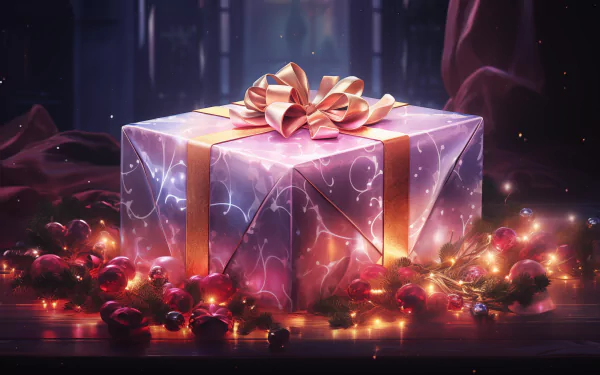 A beautifully wrapped gift adorned with a golden bow, surrounded by glowing lights and evergreen accents, creating a magical atmosphere in this HD desktop wallpaper.