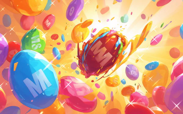 Colorful M&M's candies exploding with bright background for HD desktop wallpaper.