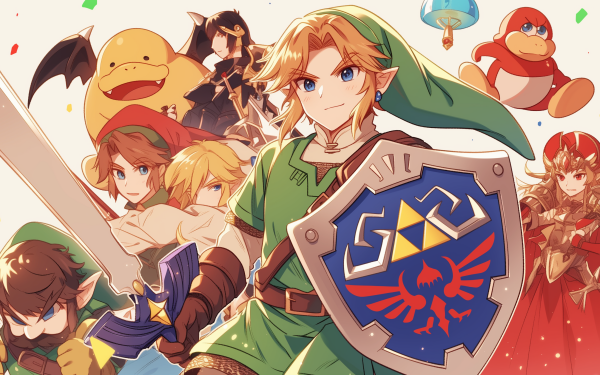 HD desktop wallpaper featuring Link and characters from Super Smash Bros. series in a dynamic, colorful anime-style illustration perfect for fans and gamers.