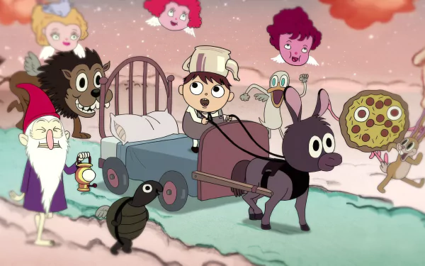 A whimsical scene from the TV show *Over the Garden Wall*, featuring a boy on a cart pulled by a donkey, surrounded by playful characters like a gnome, animal friends, and cheerful spirits.