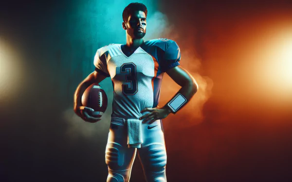 A confident quarterback poses with a football, showcasing a dynamic look against a vibrant backdrop. This high-definition image serves as an engaging desktop wallpaper.