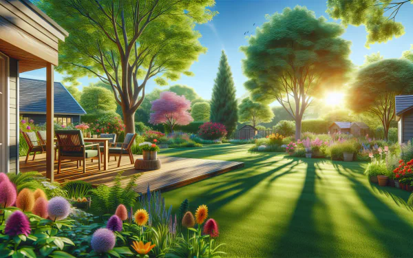 A vibrant backyard scene featuring lush greenery, colorful flowers, and a wooden deck bathed in warm sunlight, creating a serene and inviting atmosphere for HD wallpaper use.