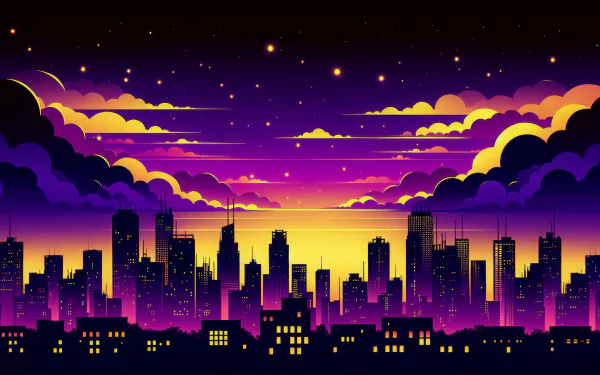 A vibrant night view of a city skyline, featuring striking purple and yellow hues in the sky, accented by clouds and stars. This HD desktop wallpaper adds a stunning backdrop to any screen.
