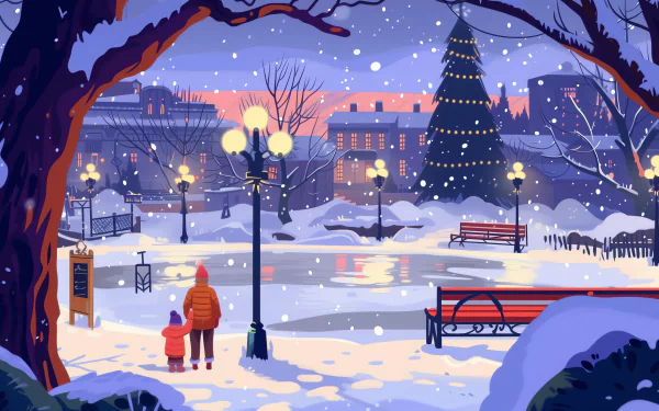 A snowy park scene captures winter beauty with a serene atmosphere. Snowflakes fall gently around a decorated tree, as a parent and child enjoy the picturesque backdrop in this HD wallpaper.