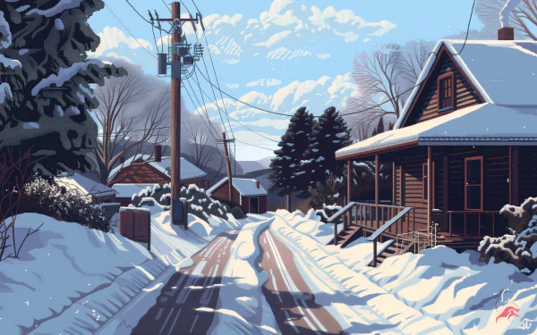 HD wallpaper of a snowy road in winter with snow-covered houses and trees under a blue sky.