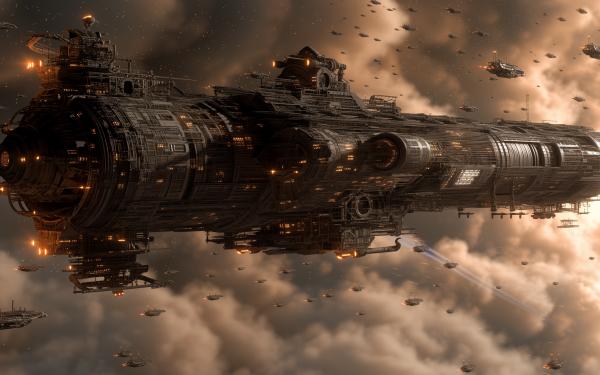 HD desktop wallpaper featuring a detailed sci-fi spaceship in a dynamic cosmic scene, perfect for sci-fi enthusiasts' backgrounds.