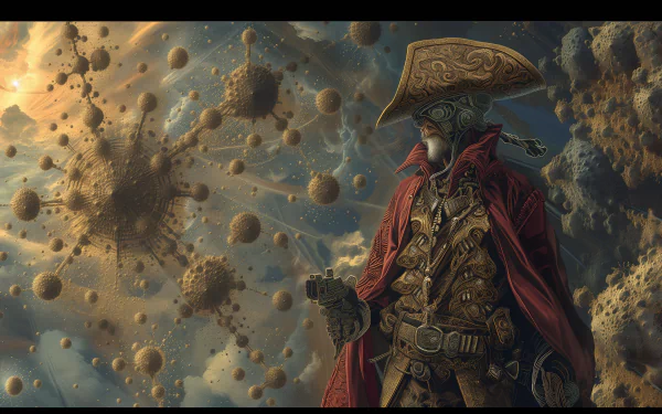 HD desktop wallpaper of a space pirate with a grandiose hat and red cloak set against a backdrop of cosmic debris and planets.