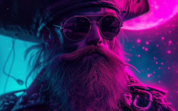 HD wallpaper featuring a stylized space pirate character with a futuristic vibe against a vibrant sci-fi nebula background.