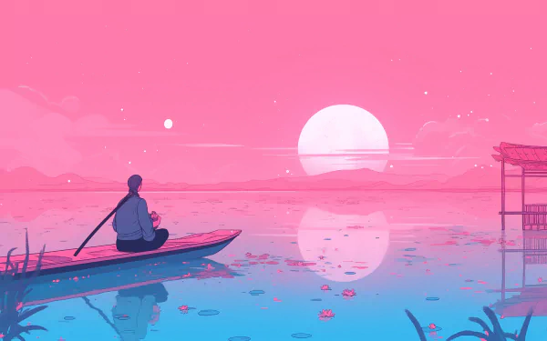 Serene pink aesthetic HD desktop wallpaper featuring a tranquil scene with a person on a boat gazing at a large moon reflection on the water.