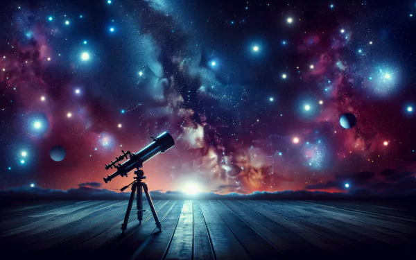 A stunning HD desktop wallpaper featuring a telescope against a vibrant cosmic backdrop, filled with stars, galaxies, and planets, inviting stargazing adventures.