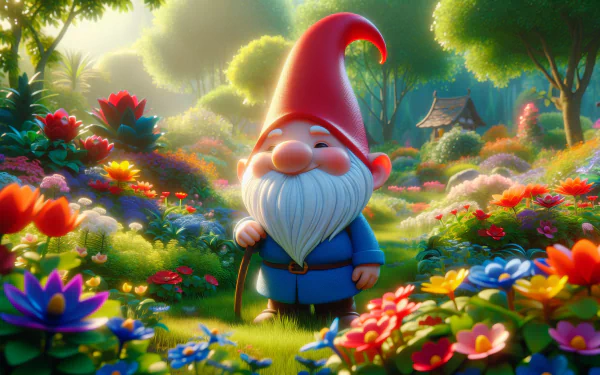 A cheerful garden gnome stands amidst vibrant flowers in a lush, sunlit garden, creating an enchanting HD desktop wallpaper and background.