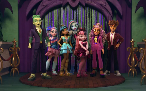 HD wallpaper featuring the main characters of Monster High animated series standing together in a spooky high school setting for desktop backgrounds.