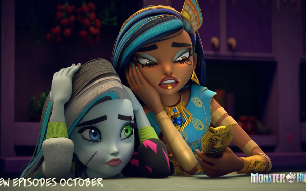 HD desktop wallpaper featuring two Monster High animated characters with a text overlay announcing new episodes in October.