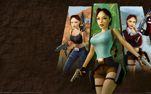 HD wallpaper featuring remastered Tomb Raider I-III game with iconic female protagonist in action poses.