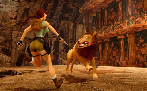 HD wallpaper of a remastered scene from Tomb Raider with the protagonist confronting a snarling lion in an ancient ruin environment.