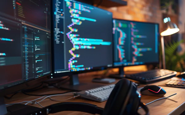 HD wallpaper of a programmer's desk with multiple computer monitors displaying code, keyboard, mouse, and a cozy desk lamp.