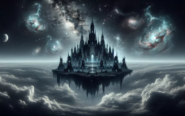 Majestic flying island with an intricate castle surrounded by clouds and galaxies, in HD wallpaper format for desktop backgrounds.
