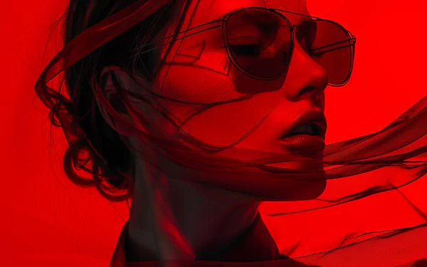 A stylish woman in sunglasses with dynamic red lighting and flowing fabric, creating a cool red aesthetic for an HD desktop wallpaper and background.