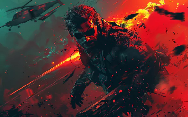 A dynamic HD wallpaper featuring fan art of a character from Metal Gear, showcasing intense action with vivid colors and dramatic lighting effects.