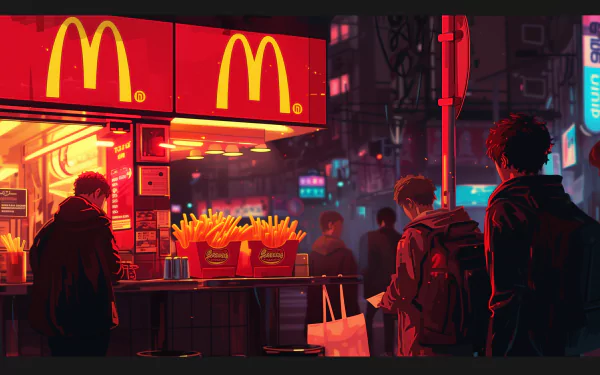 HD desktop wallpaper featuring an artistically stylized McDonald's street scene at night with glowing signage and customers.