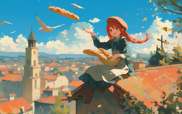 Animated girl with red hat sitting on a rooftop holding baguettes with a picturesque European town and flying birds in the background, HD desktop wallpaper.