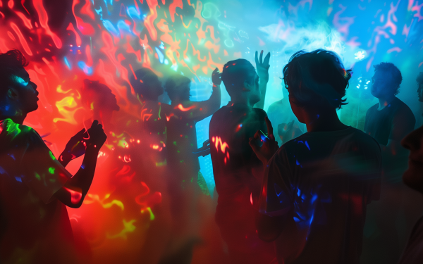 Vibrant HD party scene with people dancing at a colorful rave, perfect for a lively desktop wallpaper or background.