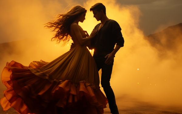 Romantic couple dancing in sunset silhouette, HD desktop wallpaper and background.