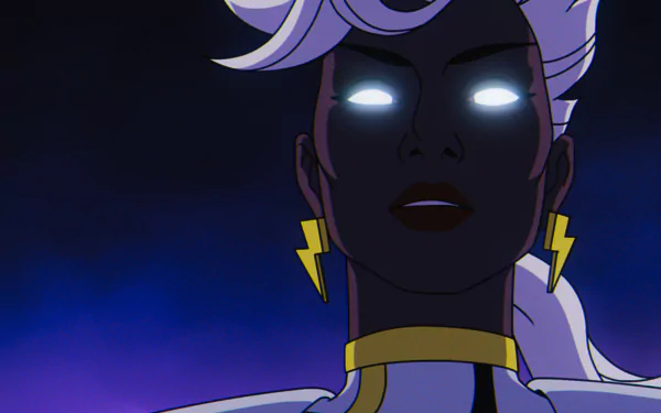 An intense close-up of Storm from the X-Men '97 animated series, featuring her iconic white hair and striking lightning bolt earrings, set against a dramatic dark background.