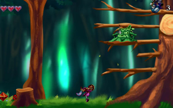 HD wallpaper featuring a scene from 'Arzette: The Jewel of Faramore' video game with a character navigating through a mystical forest environment with platforms and an enemy creature.