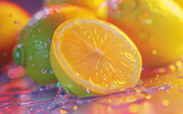 HD desktop wallpaper of a vibrant sliced lemon with water droplets, set against a colorful background.