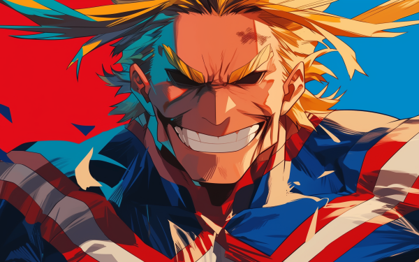 HD desktop wallpaper featuring All Might from My Hero Academia with a vibrant red and blue background.