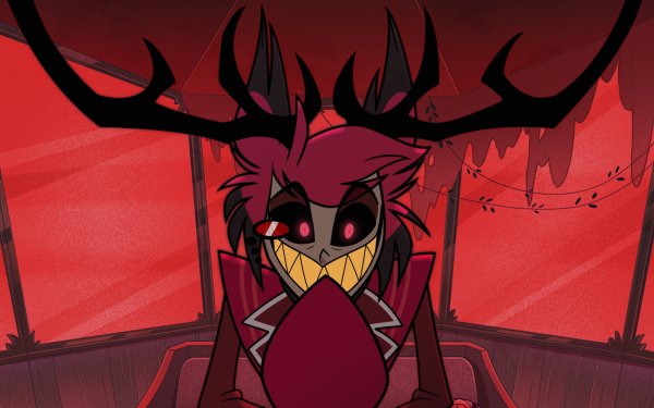 HD wallpaper of Alastor from Hazbin Hotel, showcasing the character's iconic smile and antlers against a red background for desktop use.
