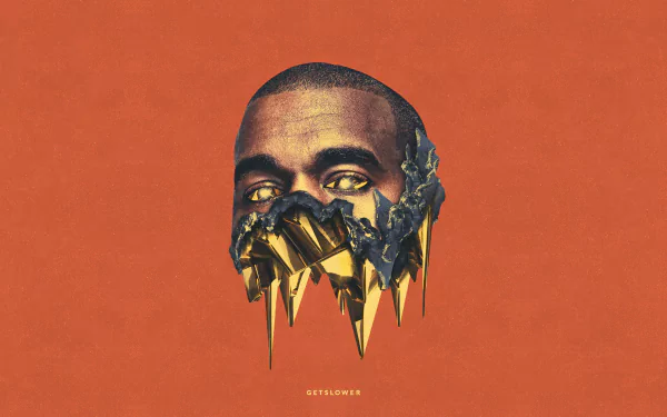 HD desktop wallpaper featuring a stylized artistic representation of a singer, with a metallic effect over the mouth, set against a solid orange background, symbolizing contemporary music and rap culture.