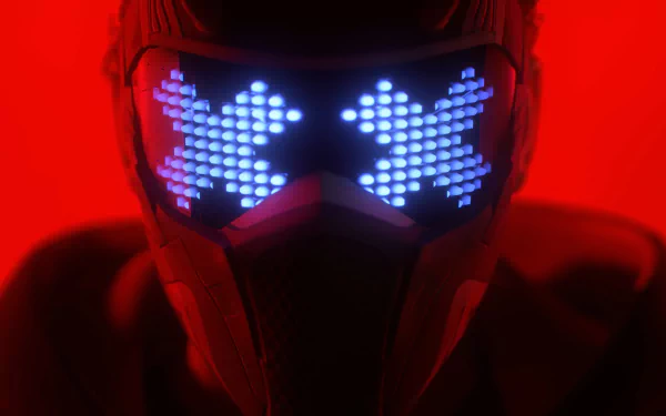 HD wallpaper featuring a character with a glowing digital mask from the video game The Finals, set against a red background.