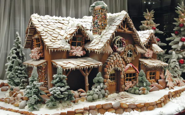 Elaborate gingerbread house with snow-like icing as a desktop wallpaper, featuring festive decorations and surrounded by miniature Christmas trees.