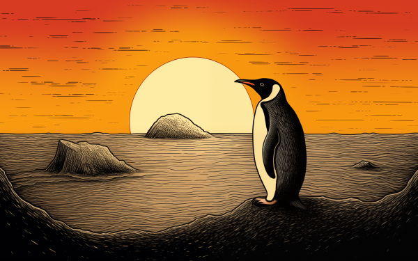 HD wallpaper featuring an illustrated penguin against a sunset with vibrant orange skies and silhouetted rocks on the horizon, perfect for a desktop background.