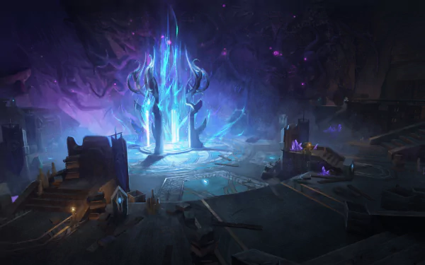 HD wallpaper of mystical blue energy source in the Last Epoch video game with ancient ruins background.