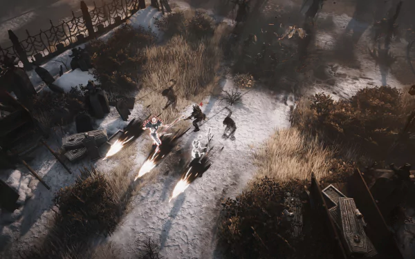 HD desktop wallpaper featuring a dynamic battle scene from the video game Last Epoch, showcasing characters in combat amidst a winter setting.