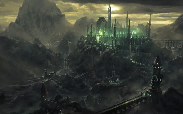 HD desktop wallpaper of a mystical castle from the video game Last Epoch, set against a mountainous backdrop with eerie green lighting.