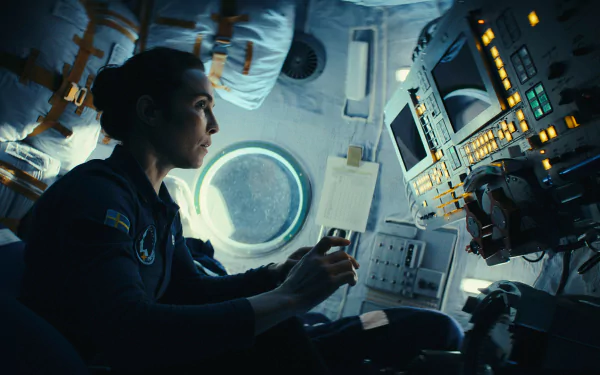 HD wallpaper featuring an intense scene from the 2024 TV show Constellation with a character portrayed by Noomi Rapace inside a spacecraft.