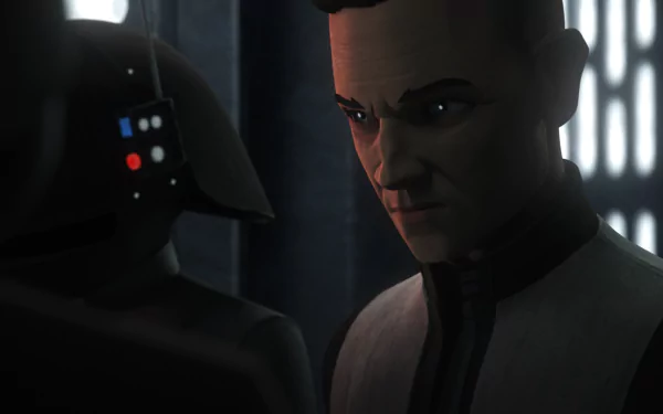 HD wallpaper of a scene from Star Wars: The Bad Batch TV show featuring a character looking intently at another.